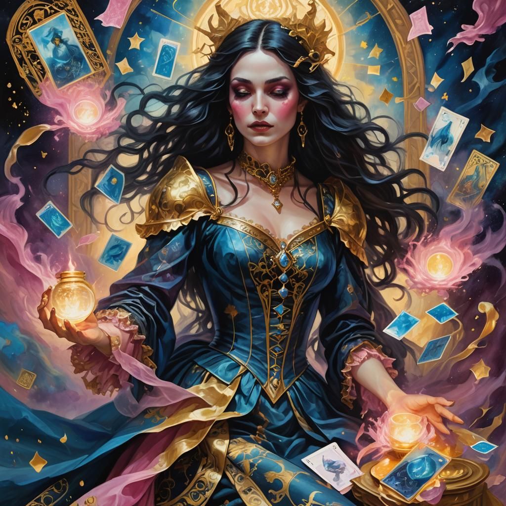 beautiful witch with blue and gold flying Tarot Cards and a ...