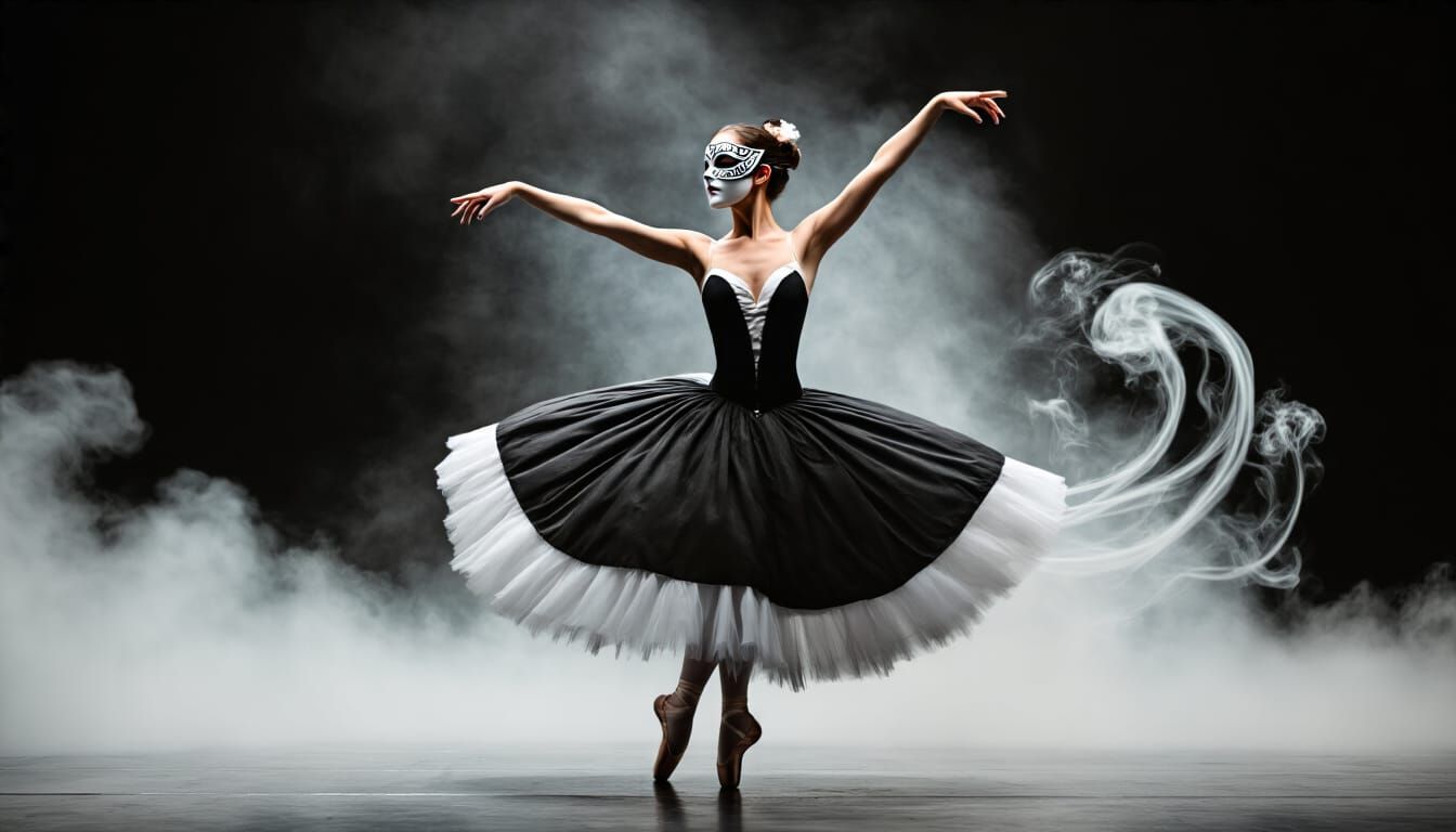 Passionate Ballet Dancer with Smoke Trails on Dark Stage
