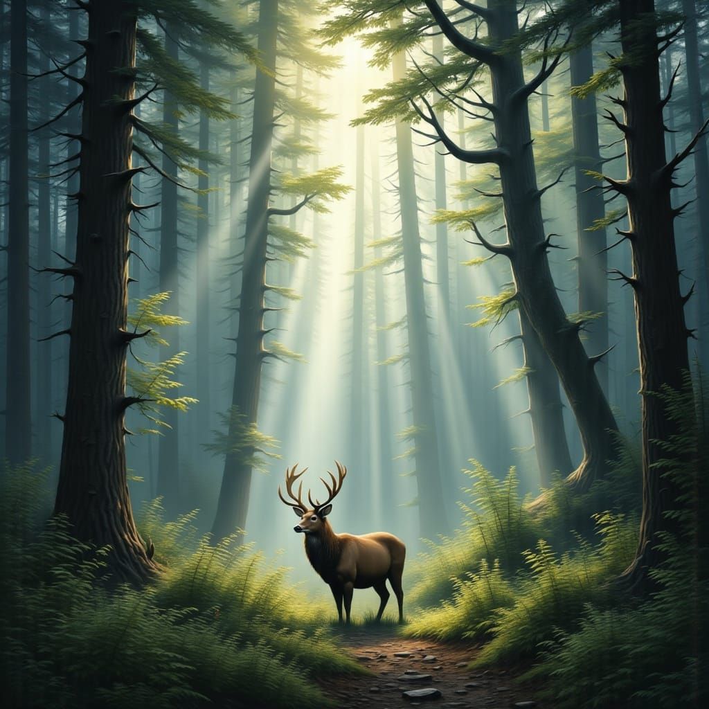 Misty Forest Sunlight with Majestic Stag