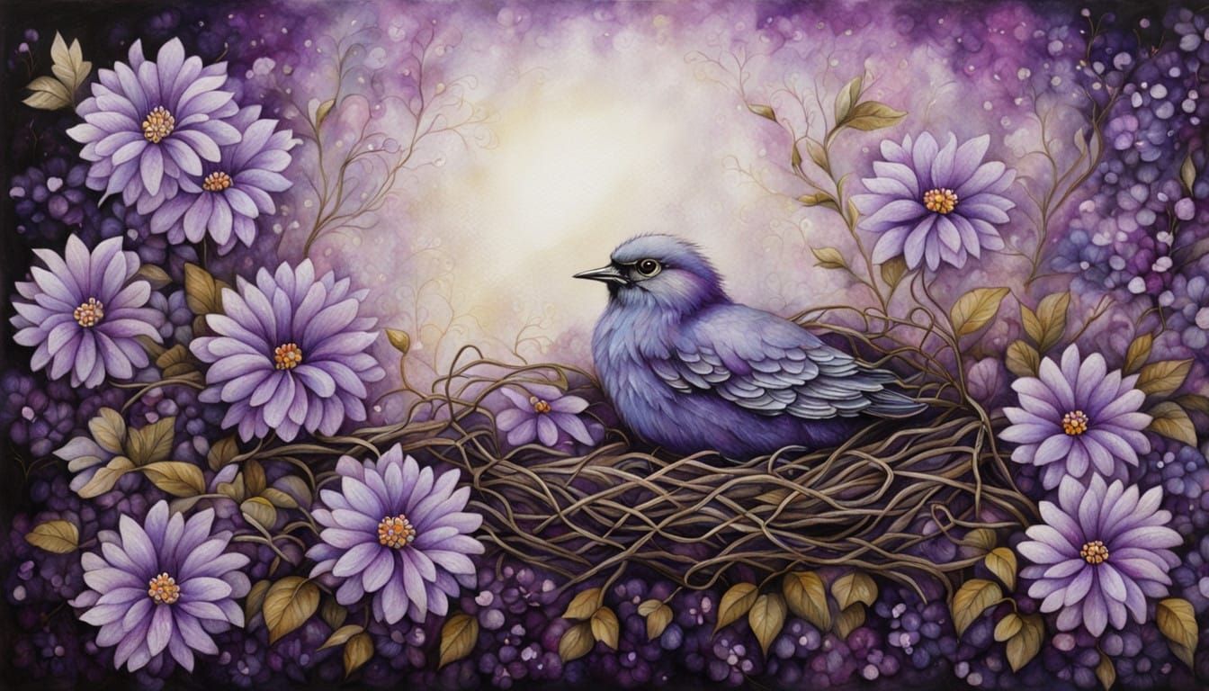 Whimsical Purple Floral Scene in Encaustic Art Style