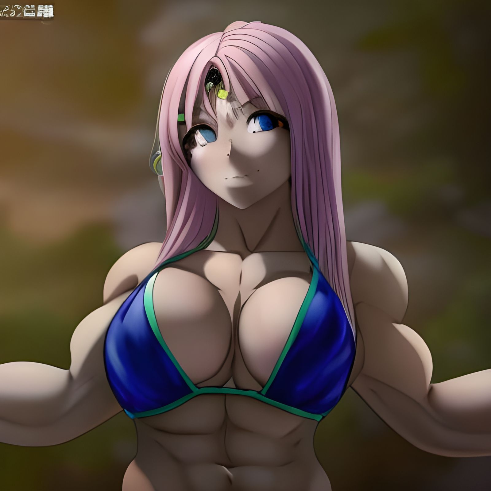 Anime Waifu Bodybuilder in Pink Bikini: Detailed Portrait