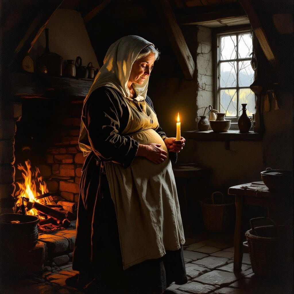 Pregnant Elder in Medieval Cottage by Candlelight