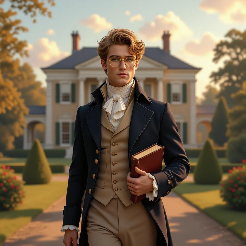 Young Man Walking to Country House in Regency Style