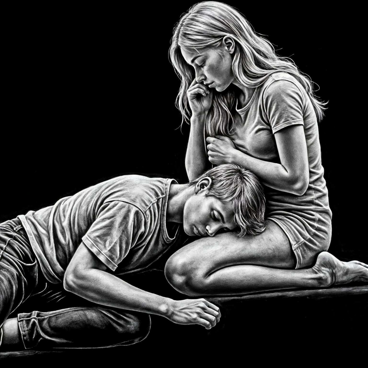 Abstract Chalk Art: Couple Finding Solace in Loving Embrace