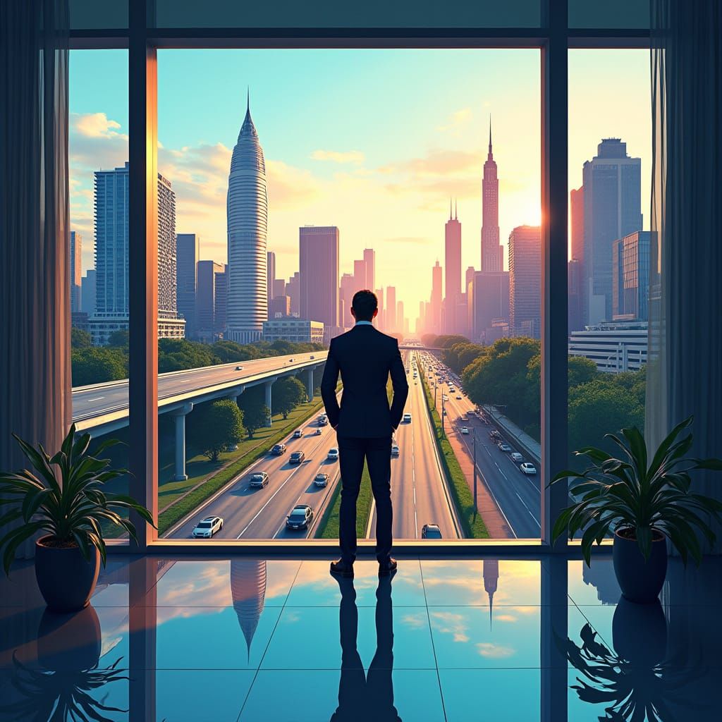 Executive Stares Out at Futuristic Mexican Metropolis