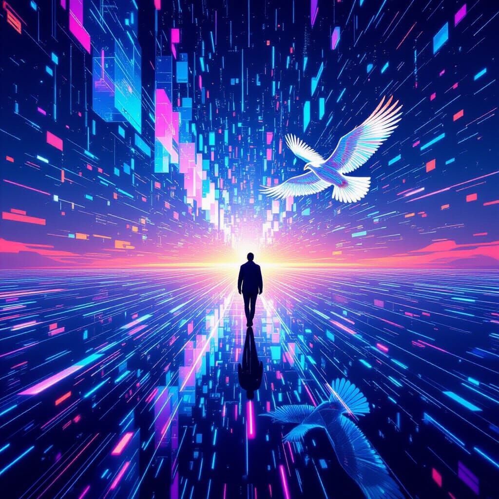 Futuristic Figure on Light Road with Geometric Eagle