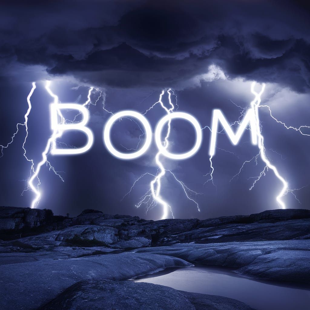 Dramatic Landscape with Lightning Spelling 'BOOM'
