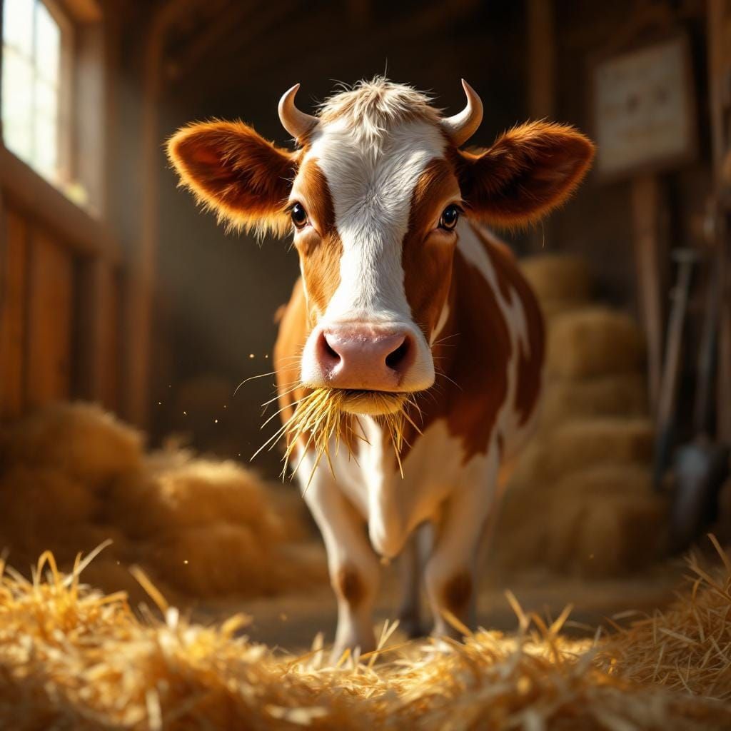 Cow in Barn with Sunlight, Painterly Style