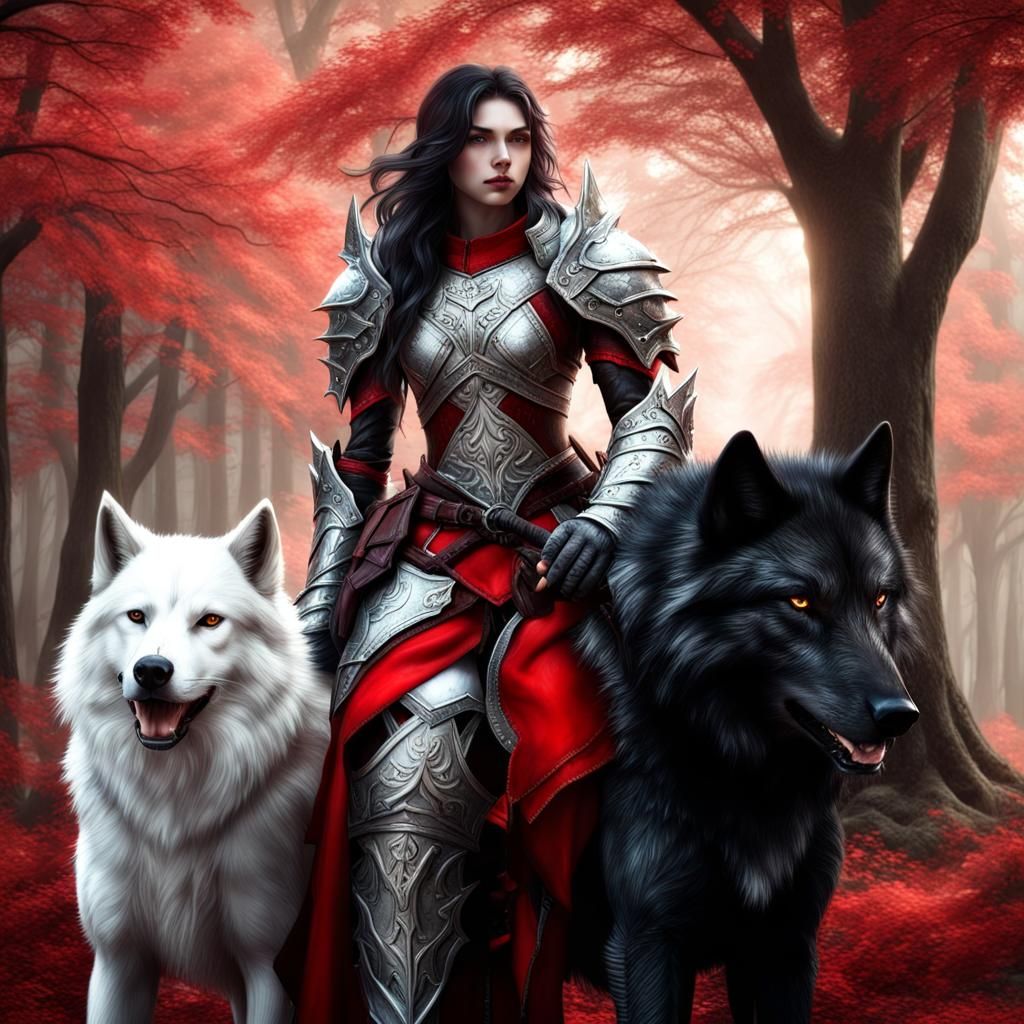 Elf Knight with Black Wolf, Hyperrealistic Image