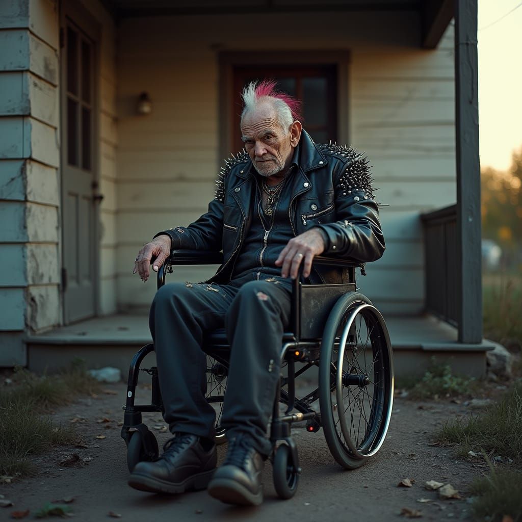 Elderly Punk Rocker in Wheelchair on Porch