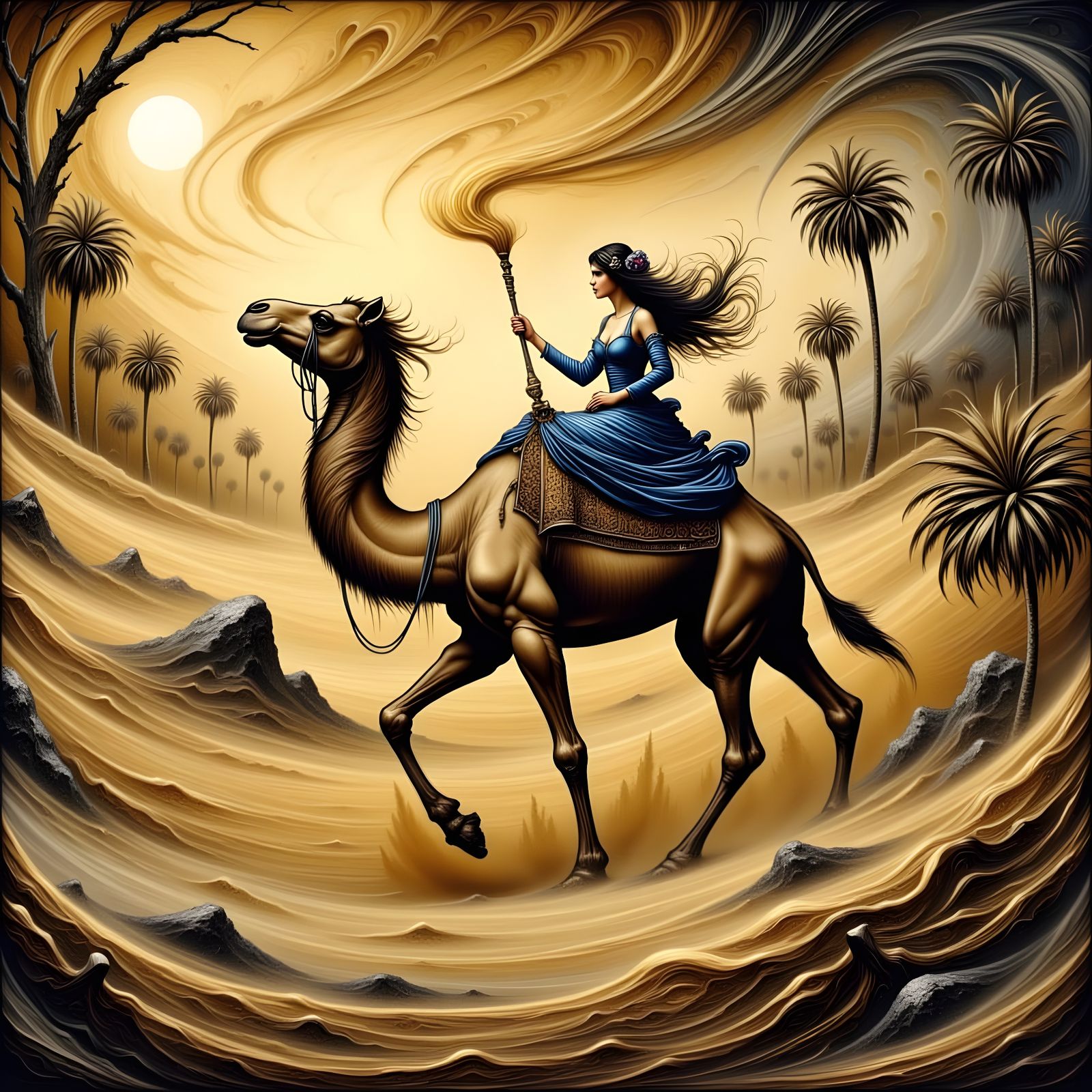 A Happy Camel in a Whirling Sandstorm of Golden Fantasy