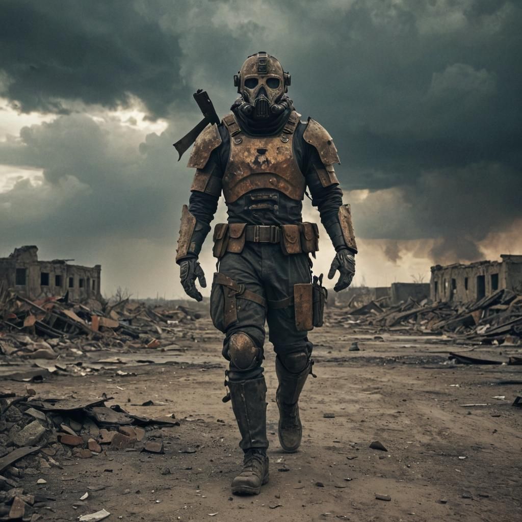 Wasteland Soldier in Apocalyptic Dark Fantasy Landscape