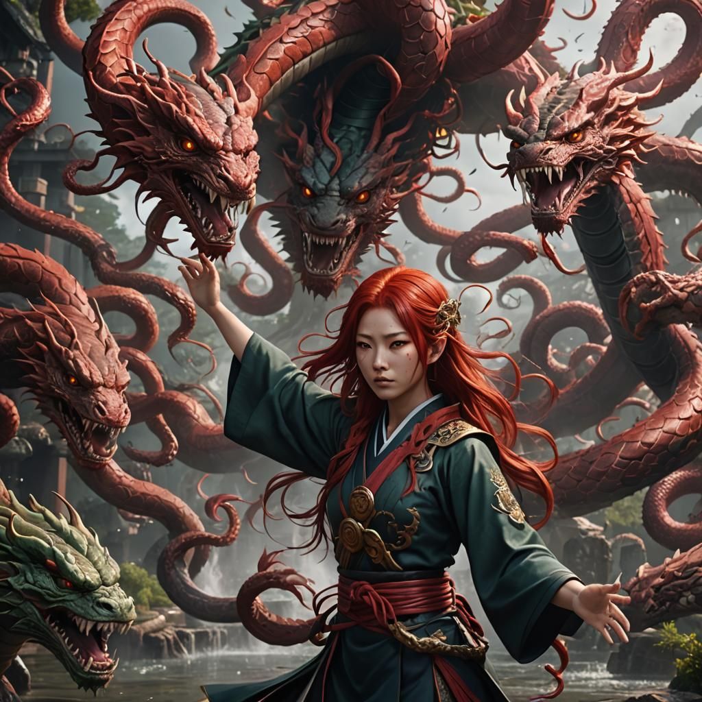 Japanese Teen Girl Summons Hydra: Fantasy Art