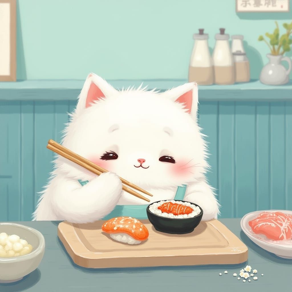Whimsical White Cat Eats Sushi in Cozy Cafe