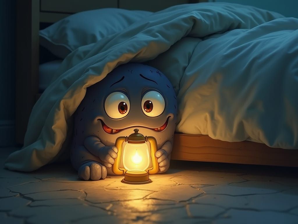 Chibi Monster Peeks Out from Under Bed in Whimsical, Dreamli...