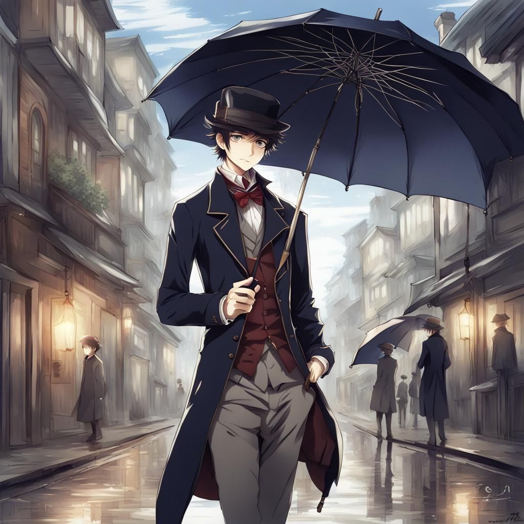 Victorian Man with Umbrella in Anime Style