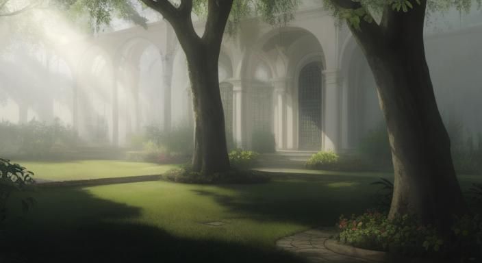 Lush Garden with Architectural Details, Impressionistic Cubi...