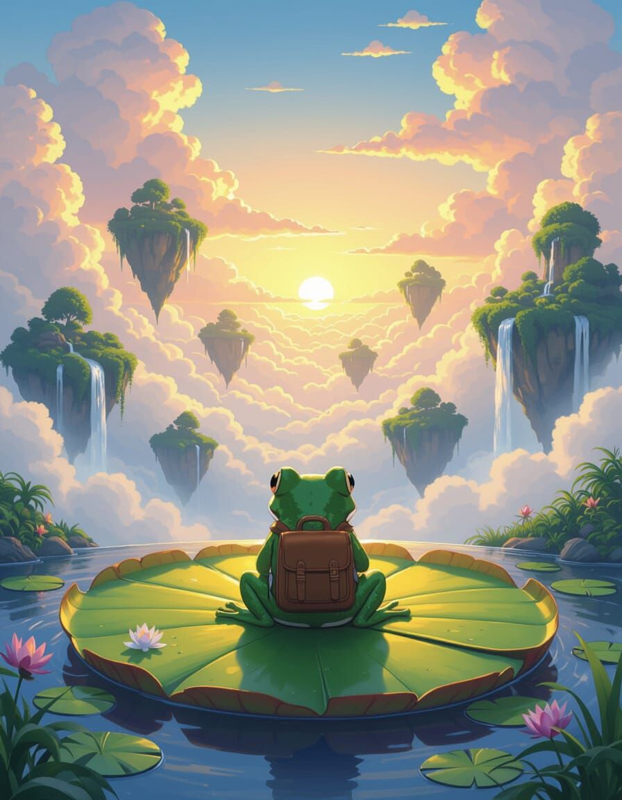 Frog Traveler on Floating Island at Sunrise