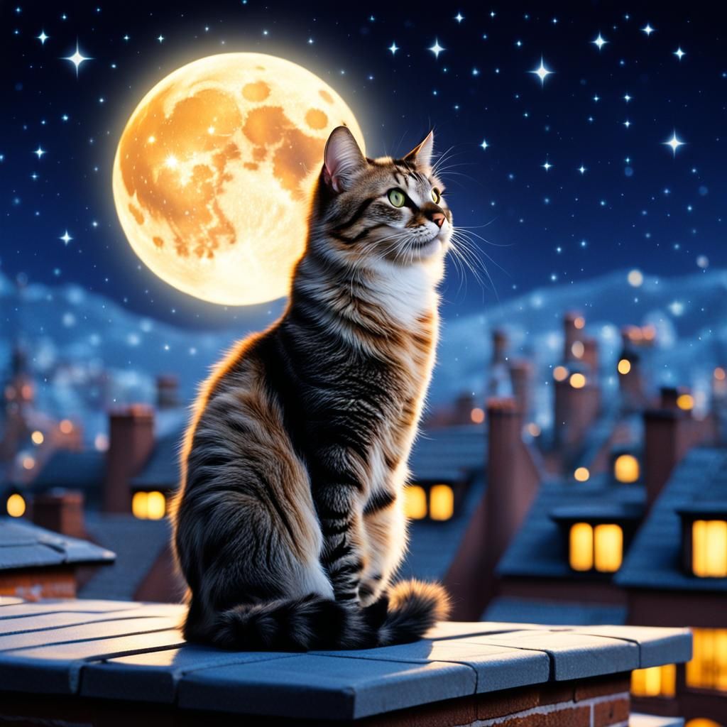 Celestial Cat Under the Moon