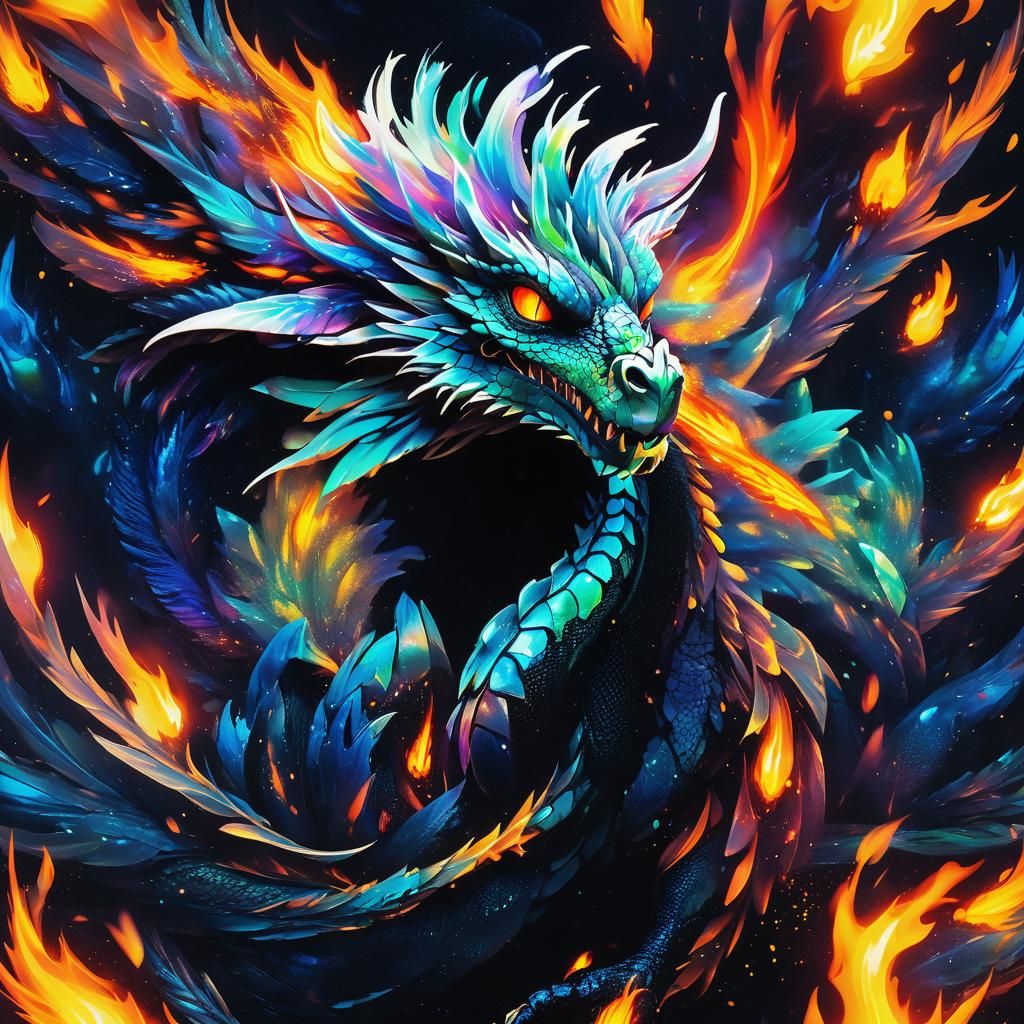 Iridescent Dragon Creature in Neon Ink Splatter Art