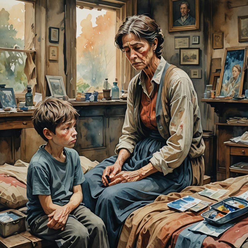 Melancholic Boy Observes Sick Mother in Gouache Style