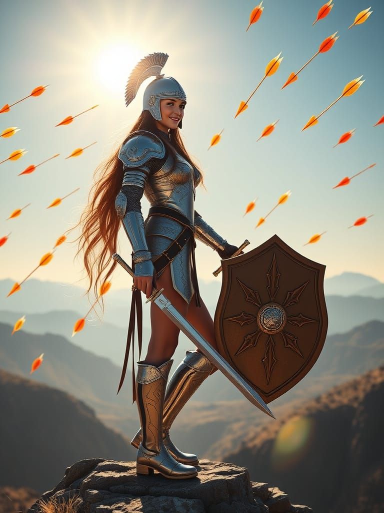 Woman in God Armor Facing Fiery Arrows
