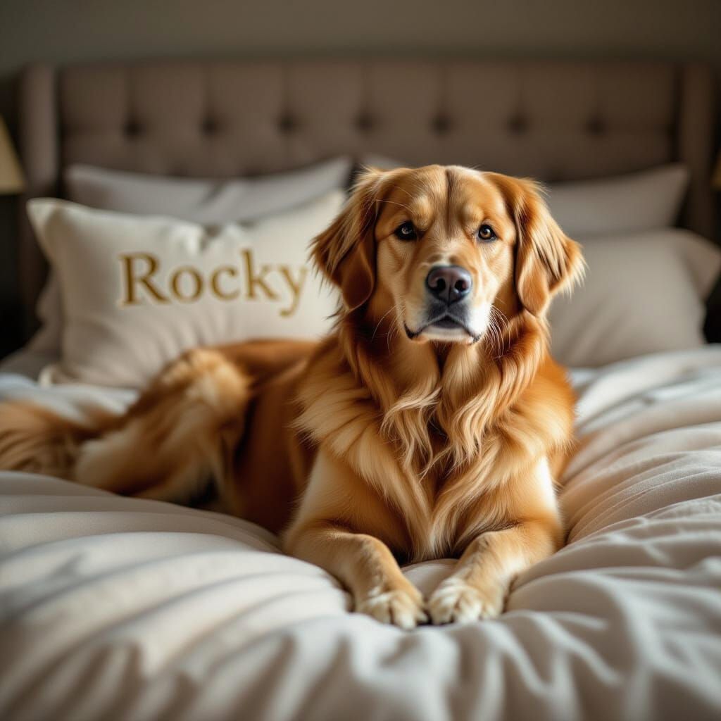 Photorealistic Golden Retriever Rocky in Cozy Bed