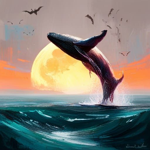 Whale Leaps Under Glowing Moon: Colorful Fine Art