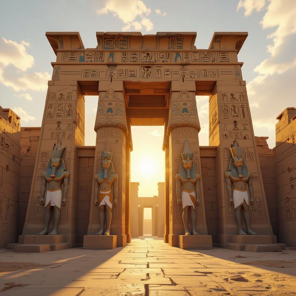 Ancient Egyptian Temple Facade in Golden Sunlight