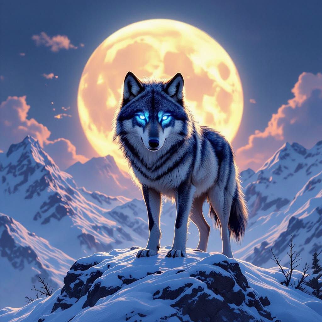 Lone Wolf with Blue Glowing Eyes on Snowy Peak