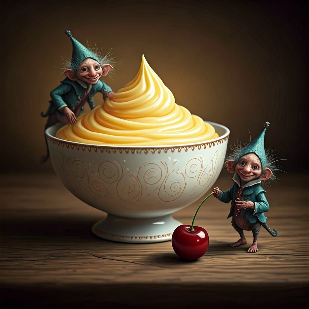 Duendies Delight in Custard, Whimsical Illustration