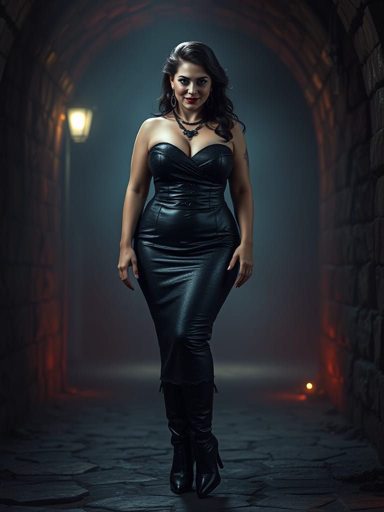 Gothic Belle in Dark Leather, Exuding Menacing Aura