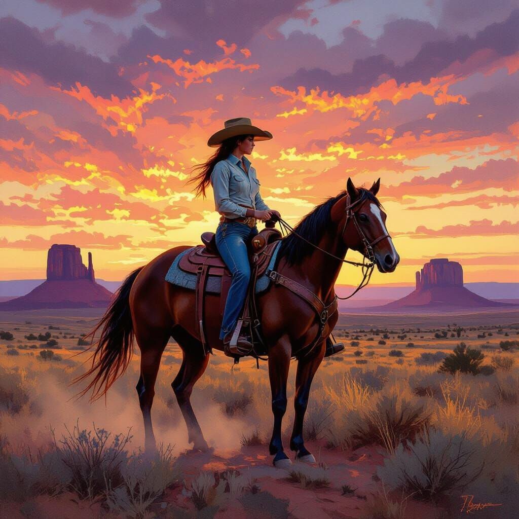 Determined Cowgirl on Horseback at Sunset Prairie