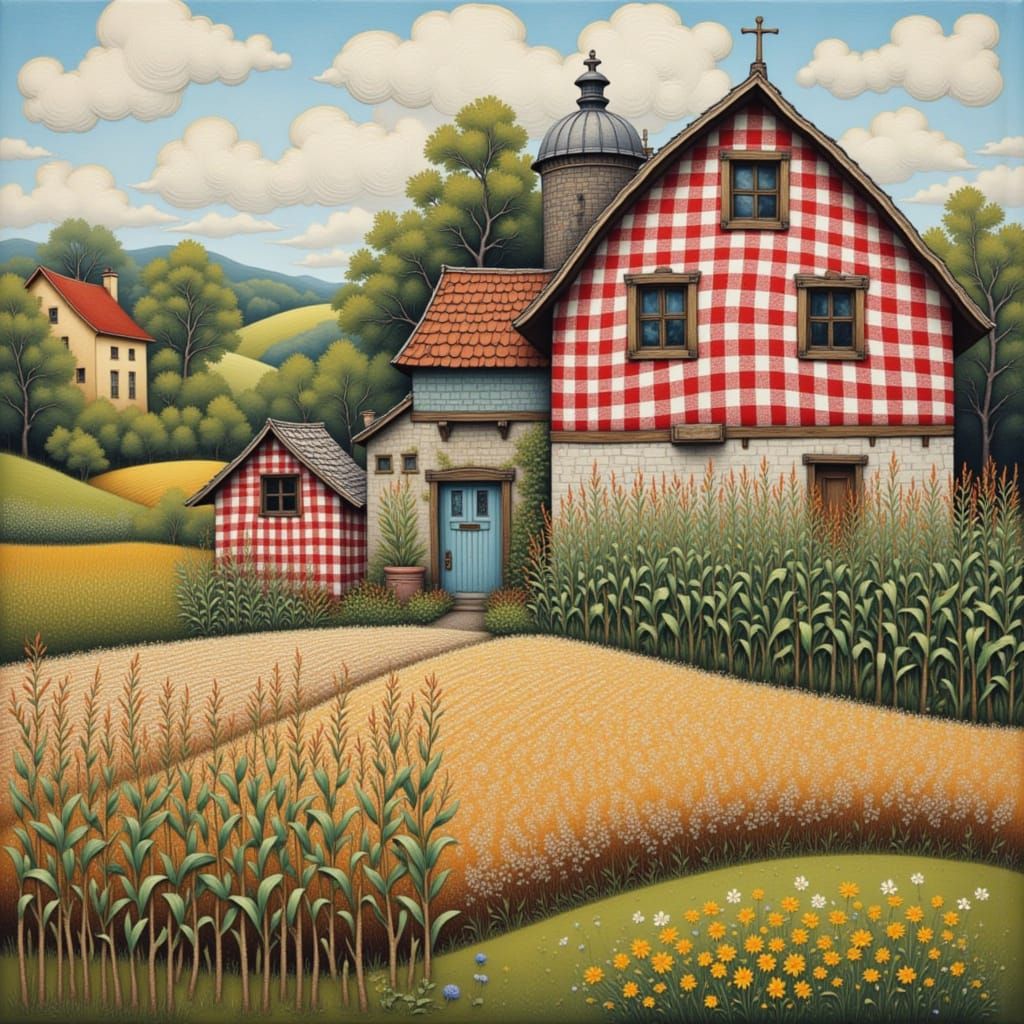 Textured Farm Scene in Folk Art Nouveau Gingham Style