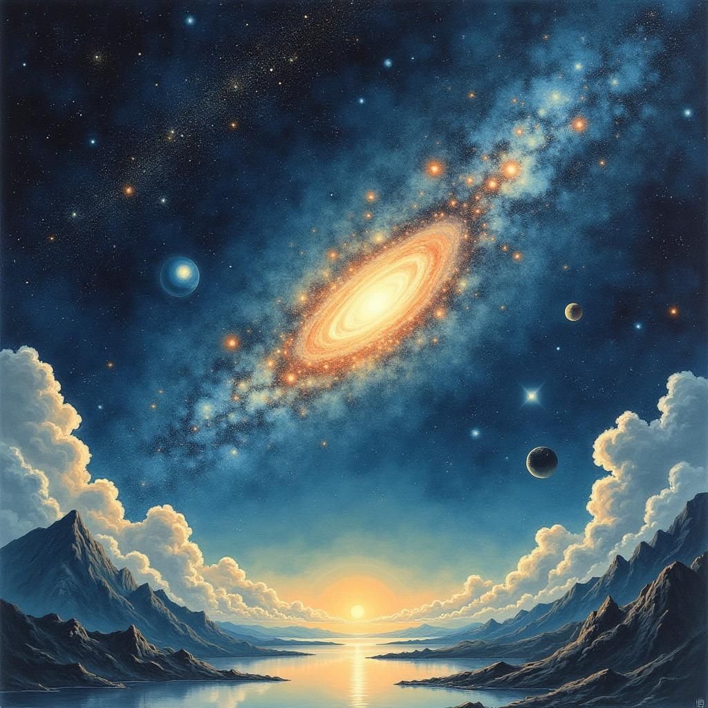 Vega and Altair in Chinese Ink Painting Style