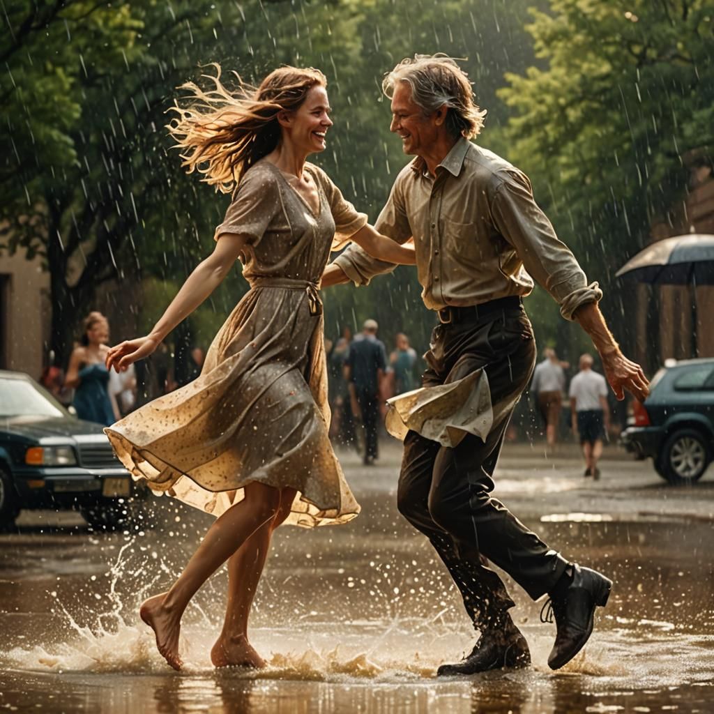Couple Dancing in Sunlit Rain, Hyperrealistic Photo