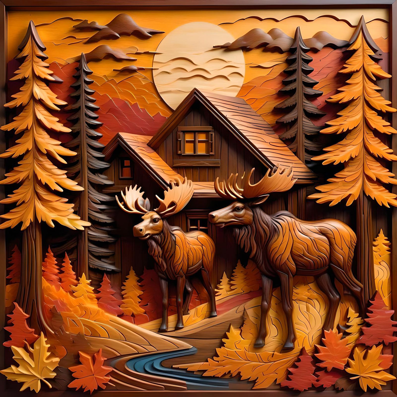 Autumn Scene Wood Relief Carving Masterpiece