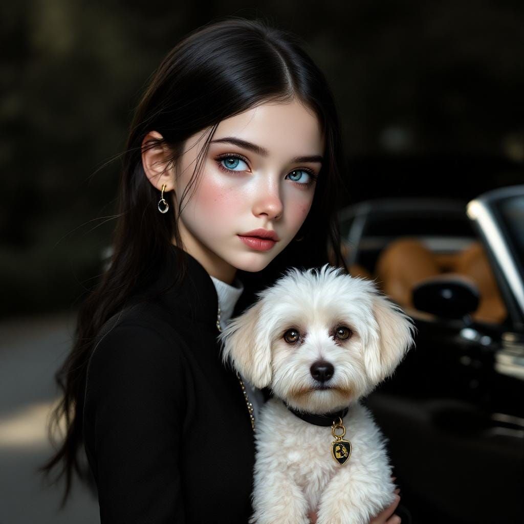 Girl with Dark Blue Eyes and Ferrari: Photorealistic Art