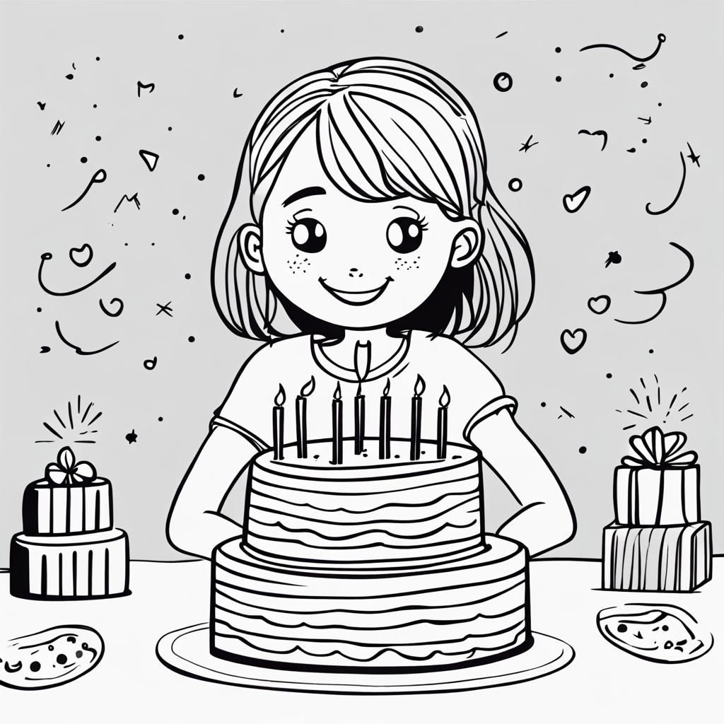 Minimalist Doodle Art of Girl with Birthday Cake