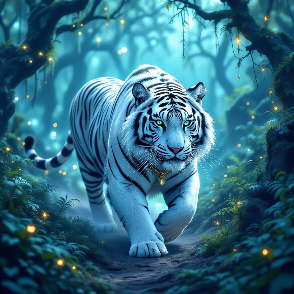 White Tiger in Enchanted Bioluminescent Forest