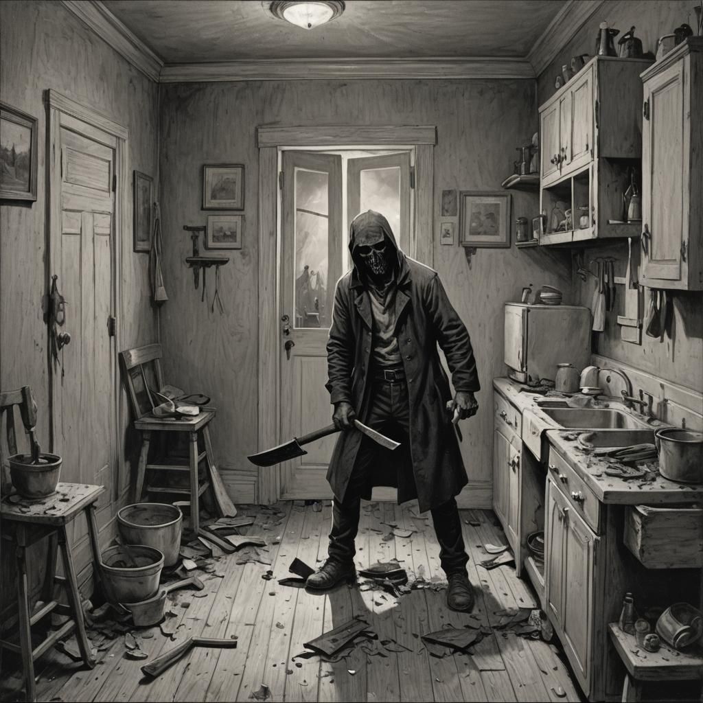 Horrifying Crime Scene in Kitchen, Axe, Horror Art
