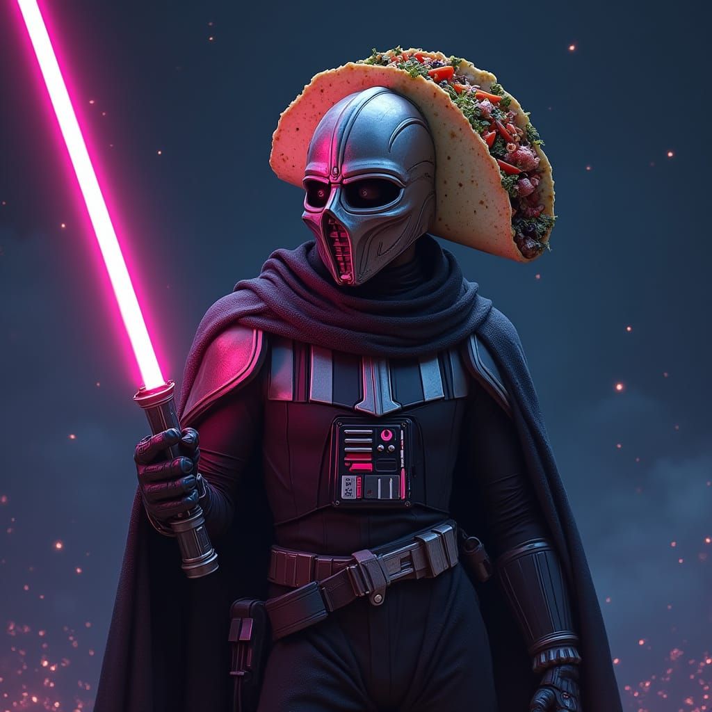 Darth Taco Wielding Lightsaber in Neon Starry Night
