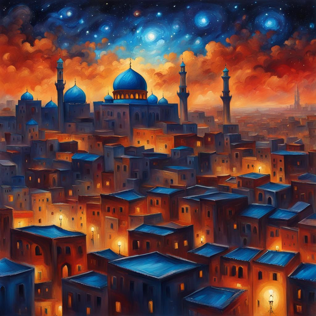 Arabian City with Galaxy in Abstract Oil Sketch