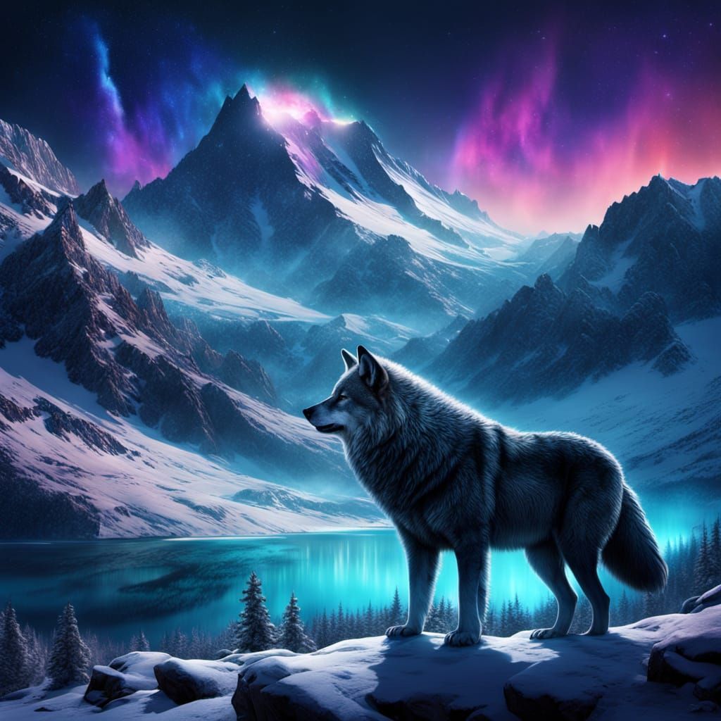 Lobo Under Epic Aurora Borealis in Cinematic Digital Paintin...