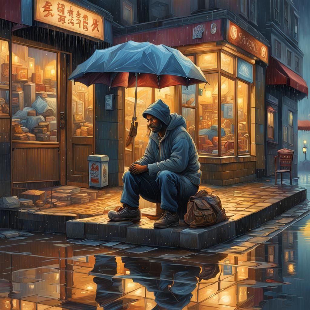 A homeless person is sitting on the sidewalk in a puddle of ...