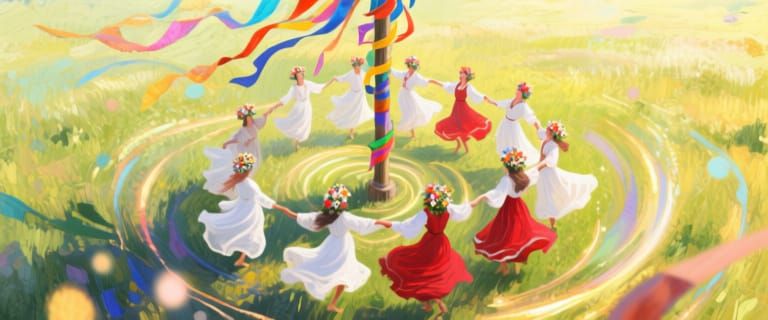Psychedelic Maypole Dance in Sunlit Meadow