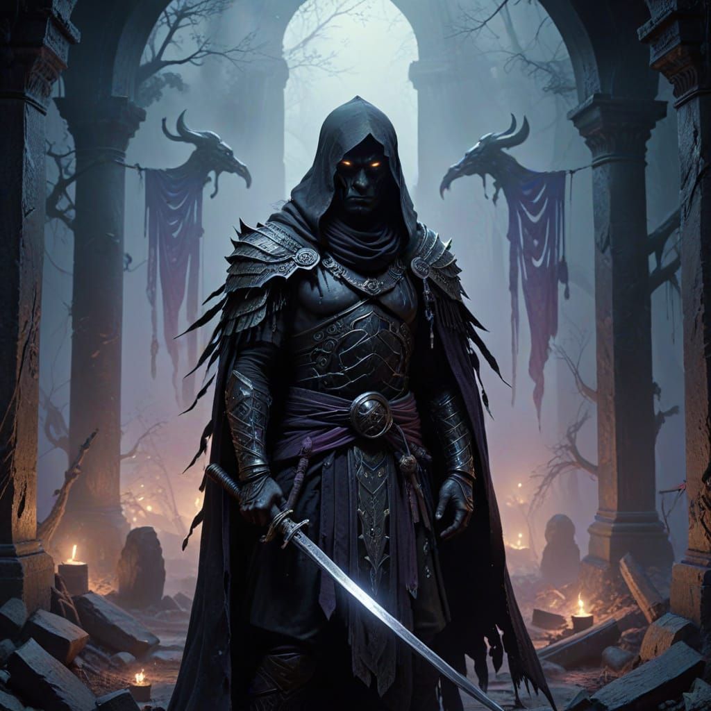 Mysterious Obsidian Warrior in Haunting Dark Fantasy Setting