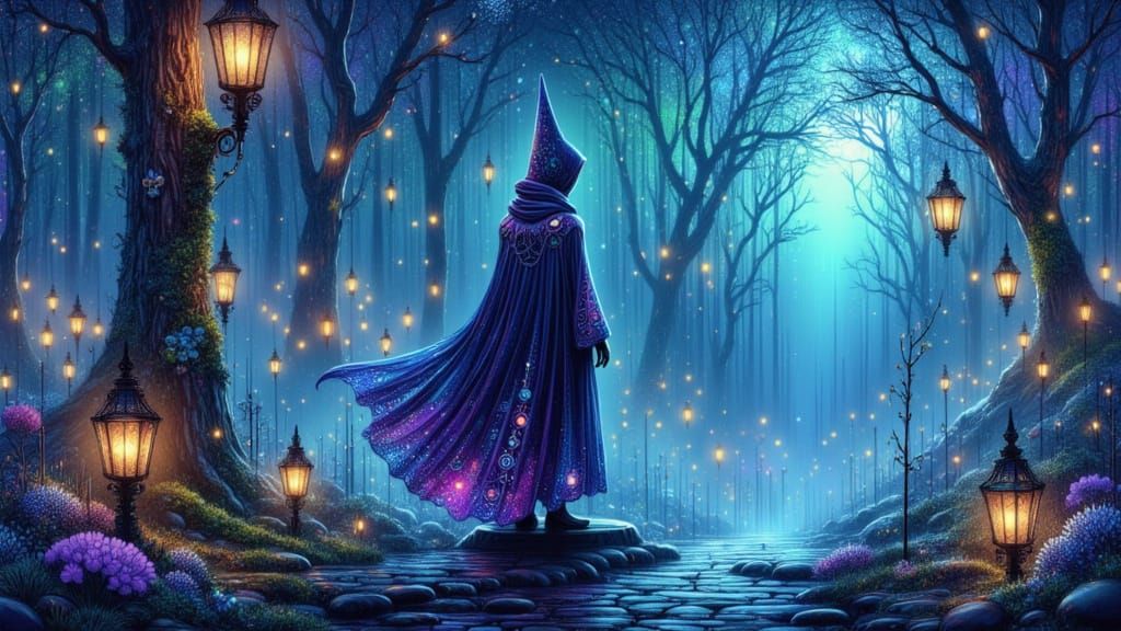 Witch in Bioluminescent Forest, Matte Painting Style