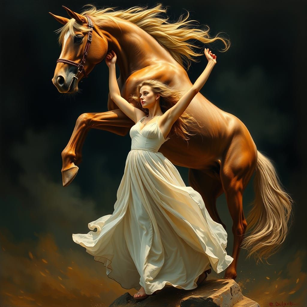 Woman Lifts Horse: Dramatic Realism Art