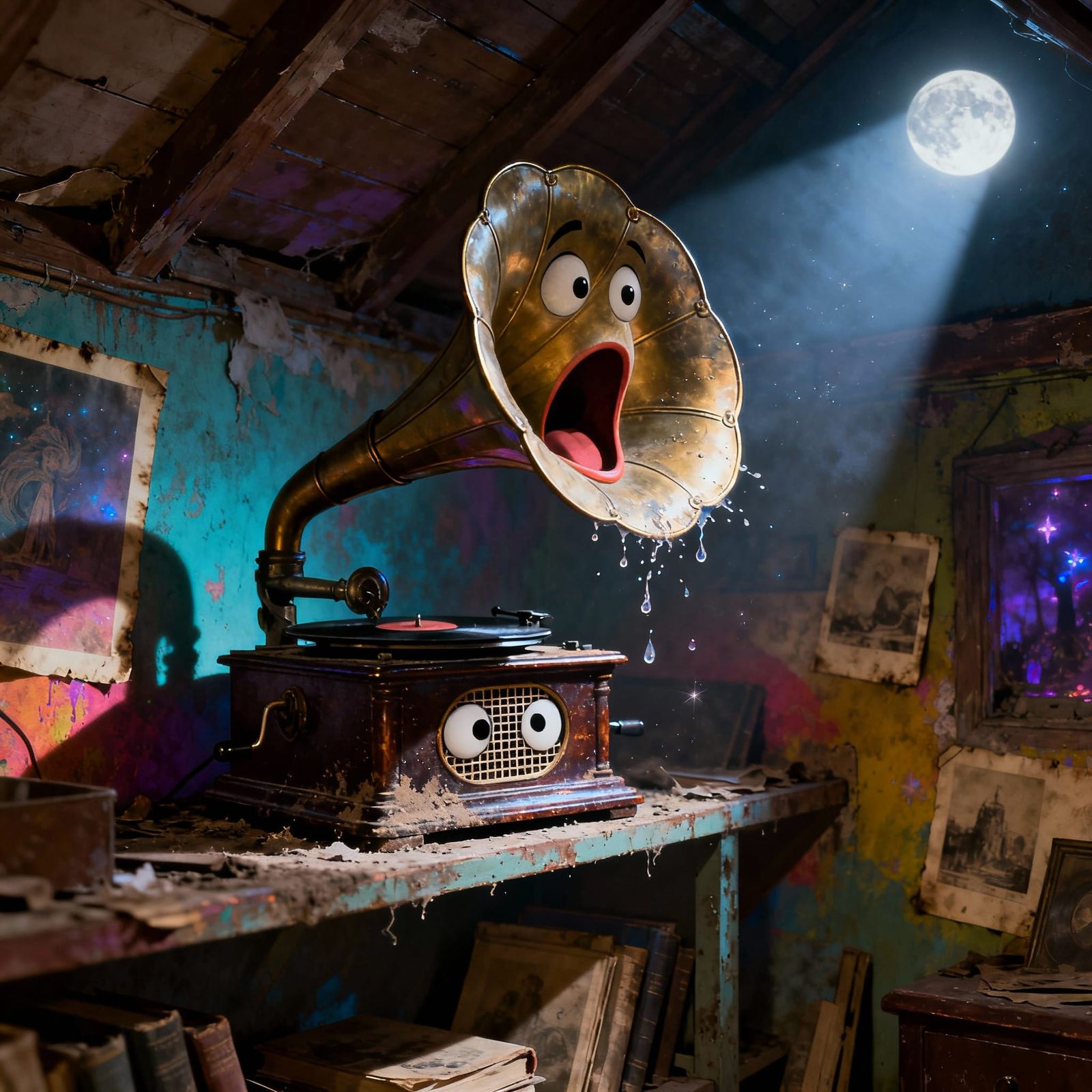 Vintage Gramophone with Curious Eyes in Moonlight